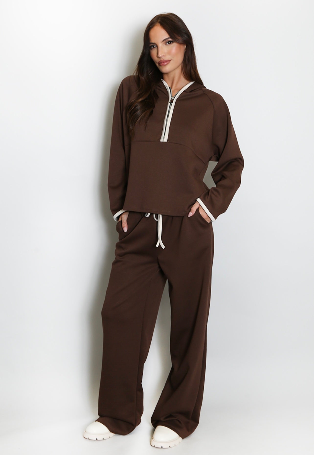 Brown Contrast Piping Hooded Sweatshirt And Jogger Set