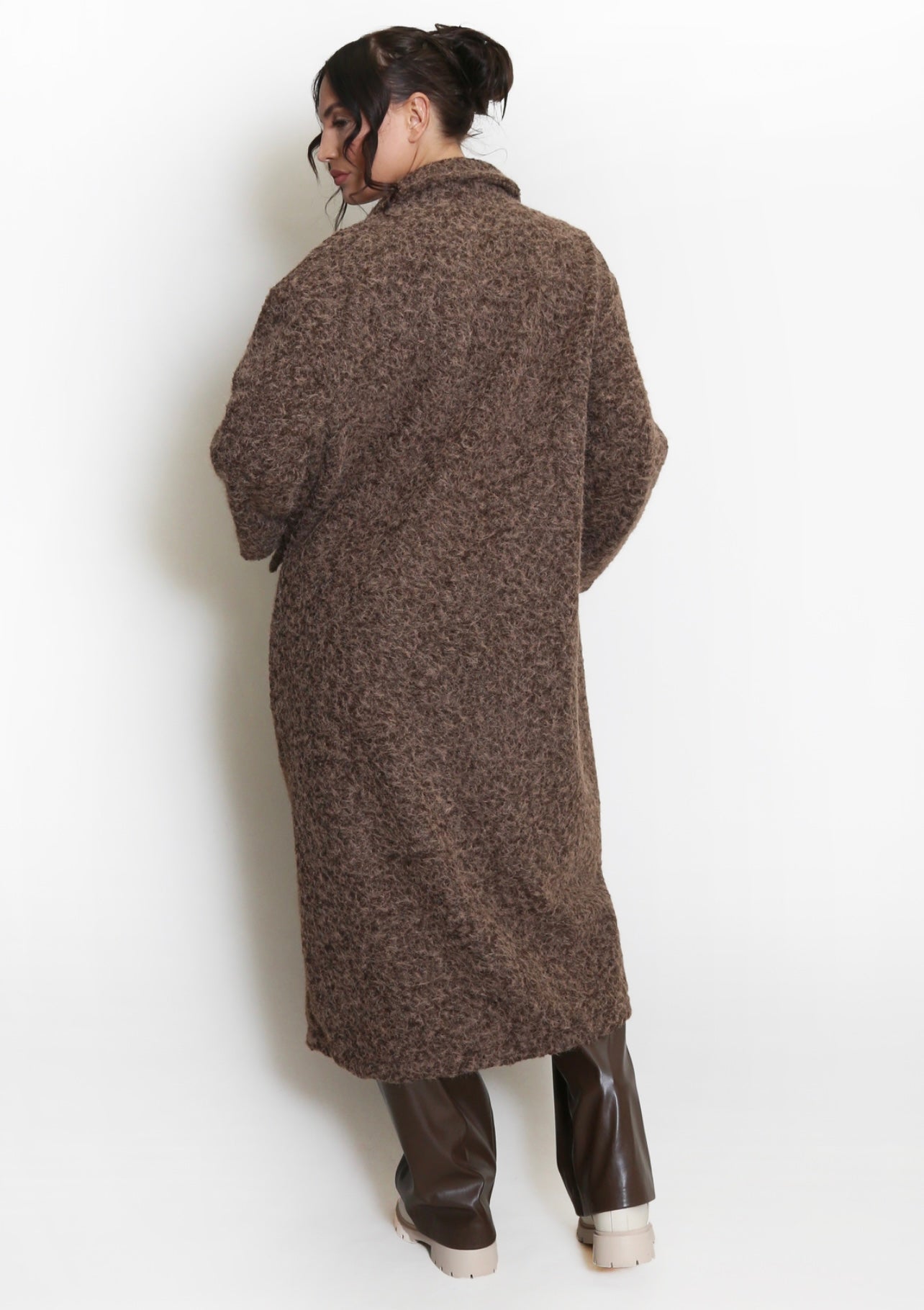 Brown Boucle Double Button Oversized Coat