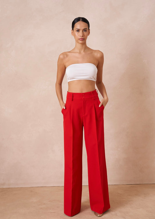 Red Tailored Wide Flare Trousers
