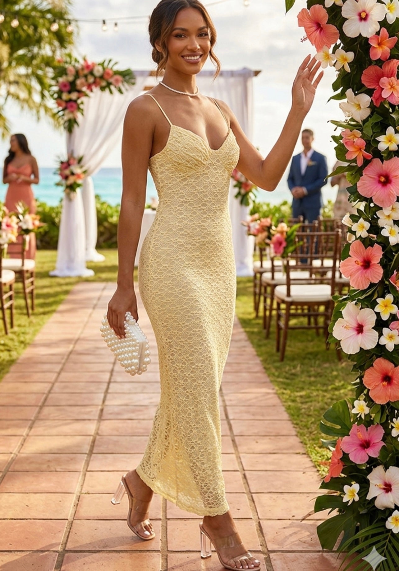 Lemon Lace Maxi Dress With Nude Lining