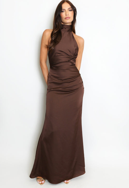 Brown Ruched Halter Neck Maxi Dress