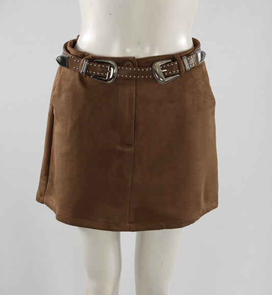 Brown Suede Belted Skirt