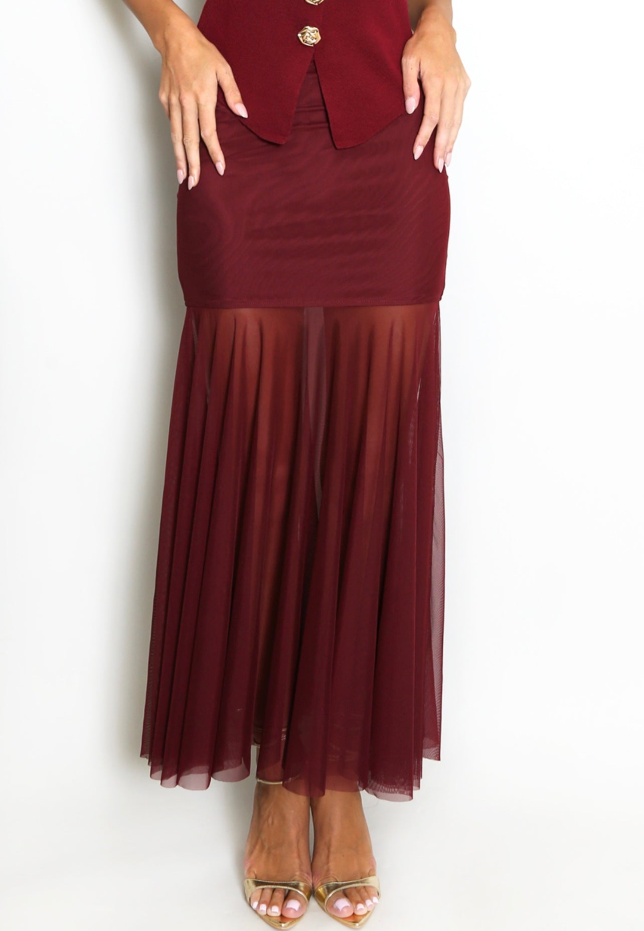 Wine Panelled Mesh Hem Maxi Skirt