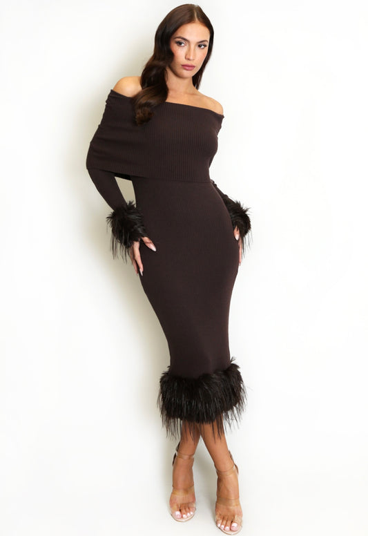 Brown Fur Cuffs Bardot Dress