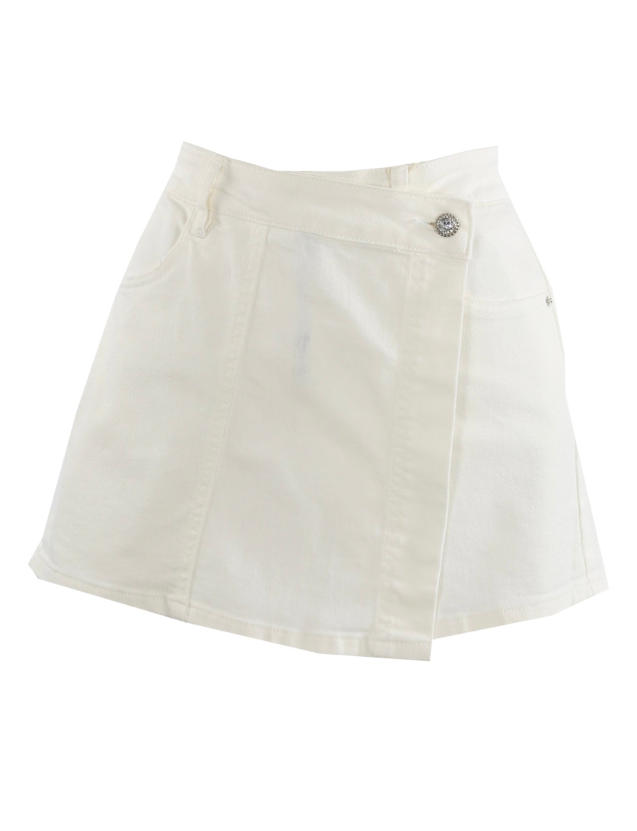 White One Button Wrap Front Denim Skort