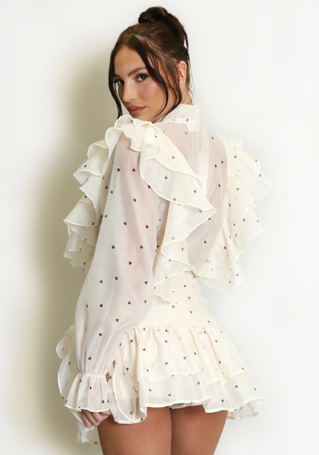 Cream Heart Print Pussy Bow Frill Blouse