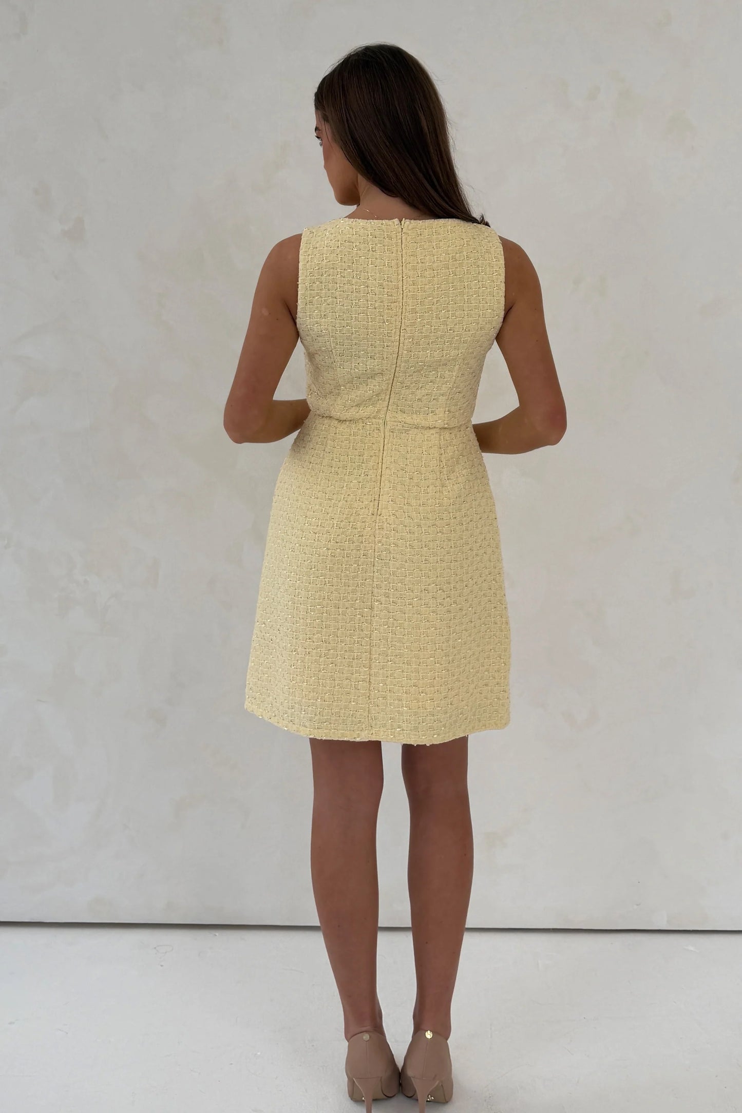 Athenia Tweed Pocket Detail Mini Dress Yellow
