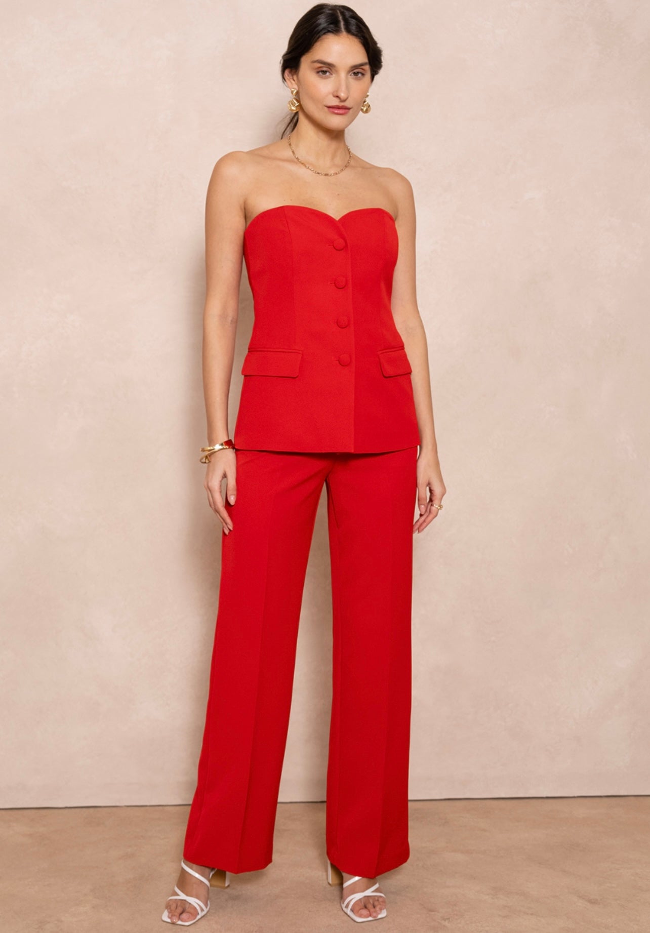Red Tailored Button Front Bandeau Top
