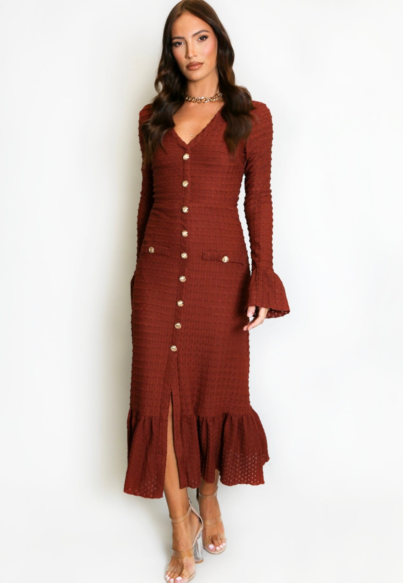 Burgundy Classic Midi Dress With Flare Cuff And Hem