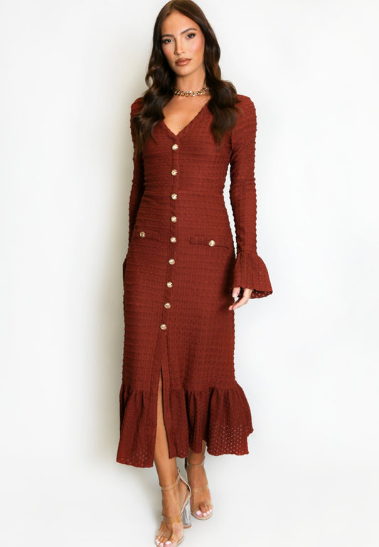 Burgundy Classic Midi Dress With Flare Cuff And Hem