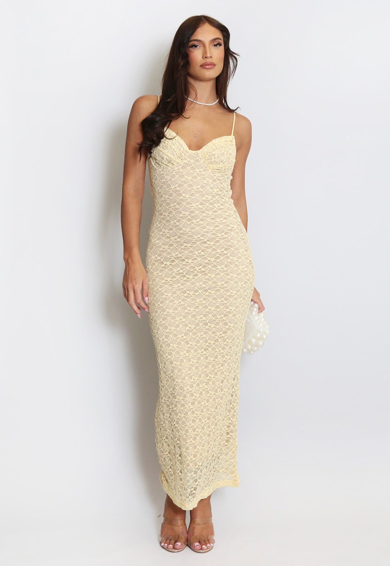 Lemon Lace Maxi Dress With Nude Lining