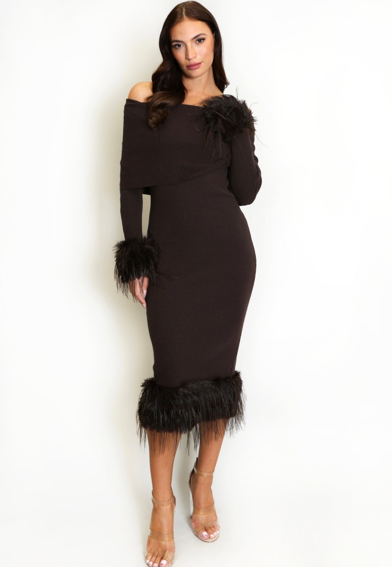 Brown Fur Cuffs Bardot Dress