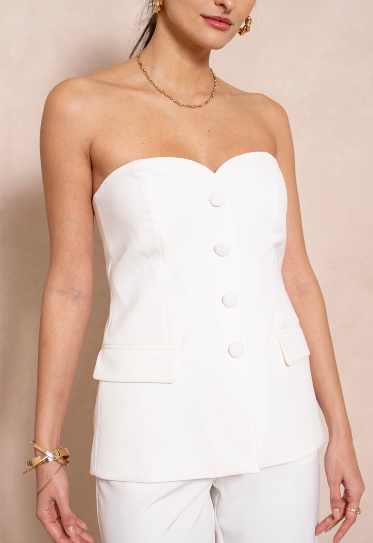 White Tailored Button Front Bandeau Top