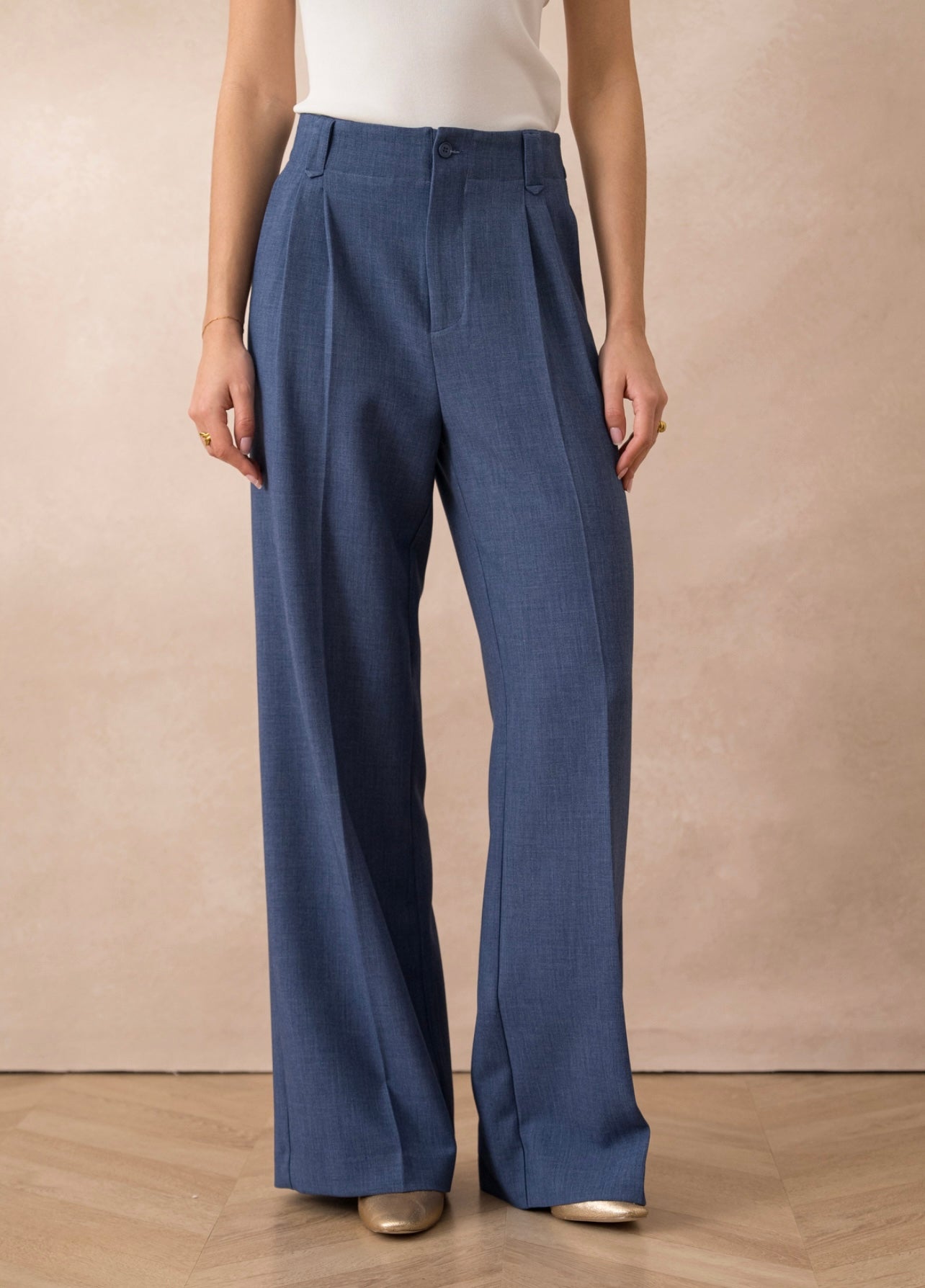 Denim Blue Tailored Single Pleat Wide Leg Trousers