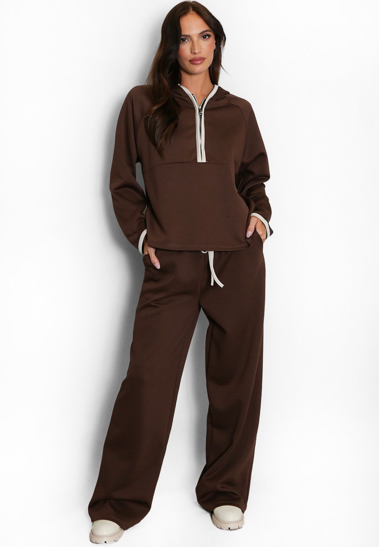 Brown Contrast Piping Hooded Sweatshirt And Jogger Set
