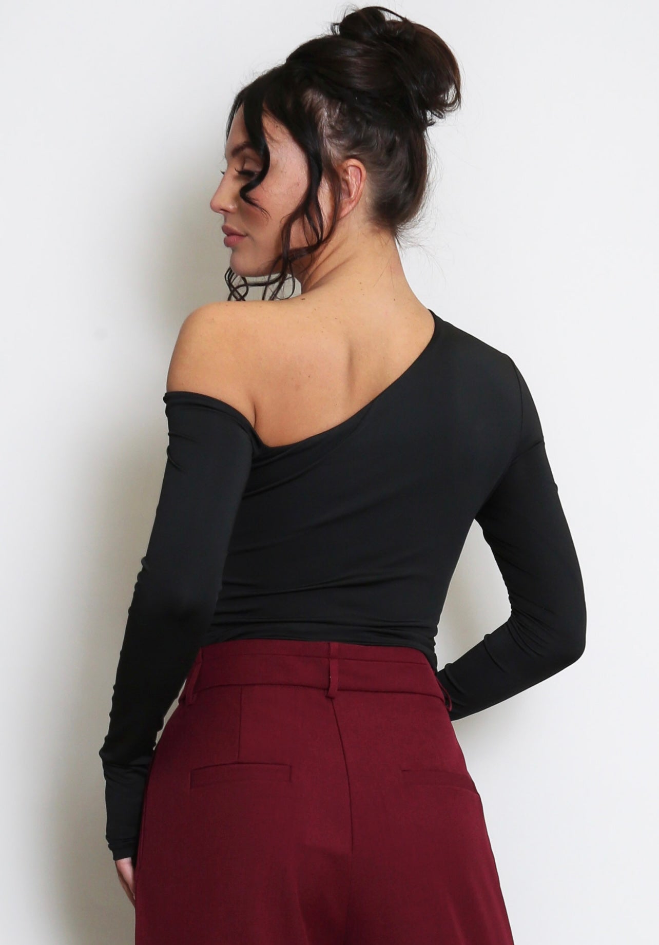 Black Long Sleeve Crop Top With Asymmetric Neckline