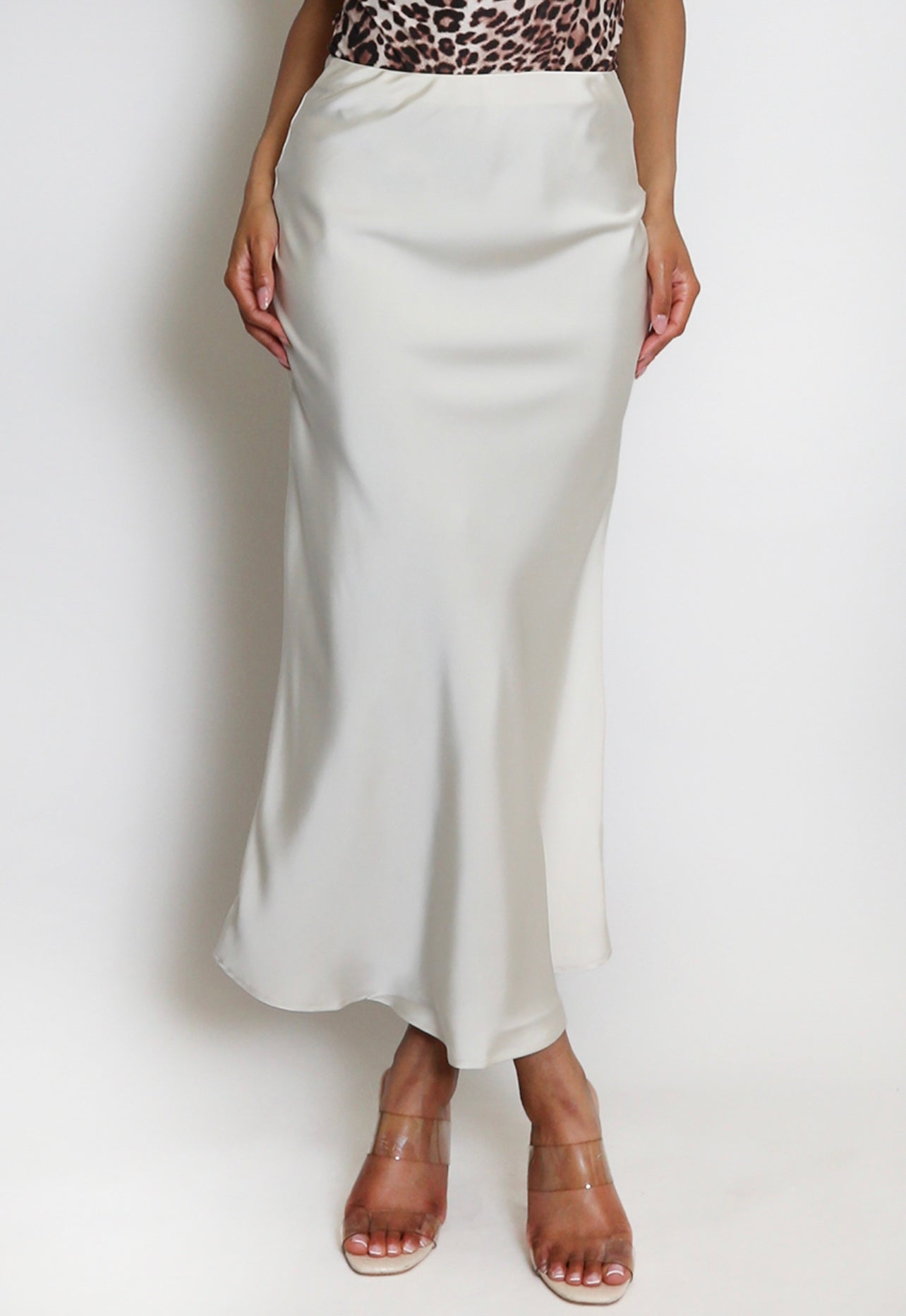 Beige Satin Bias Cut Flowing Maxi Skirt