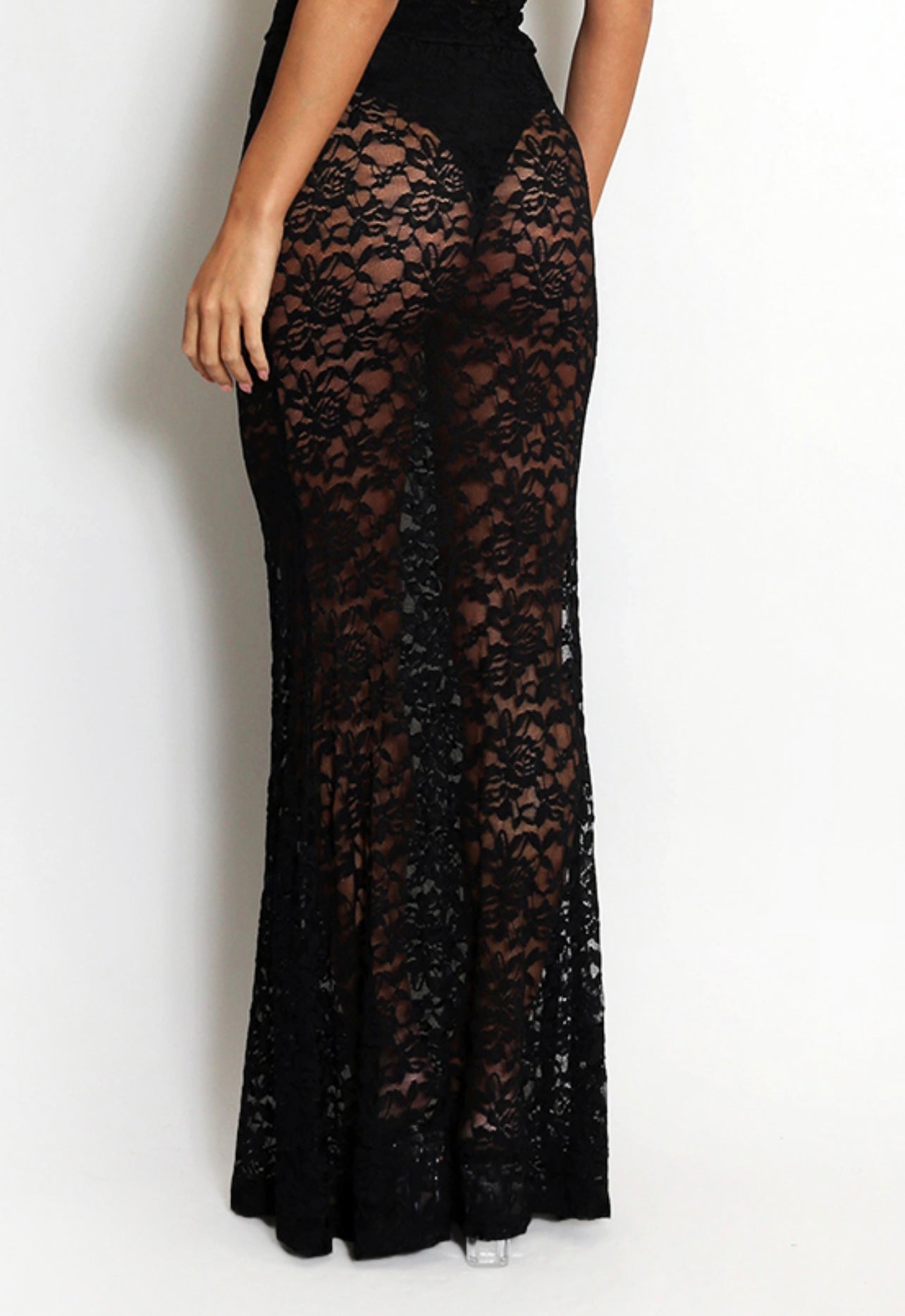 Black Sheer Floral Lace Maxi Skirt