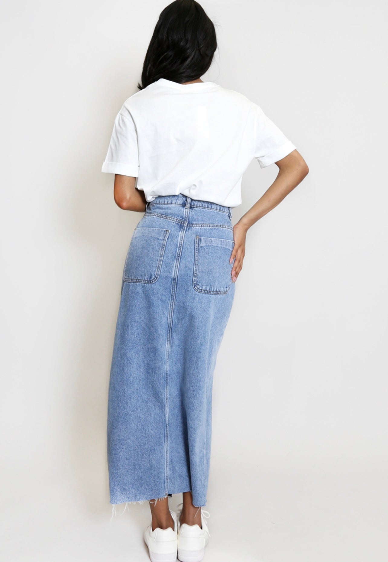 Mid Blue Front Slit Denim Skirt