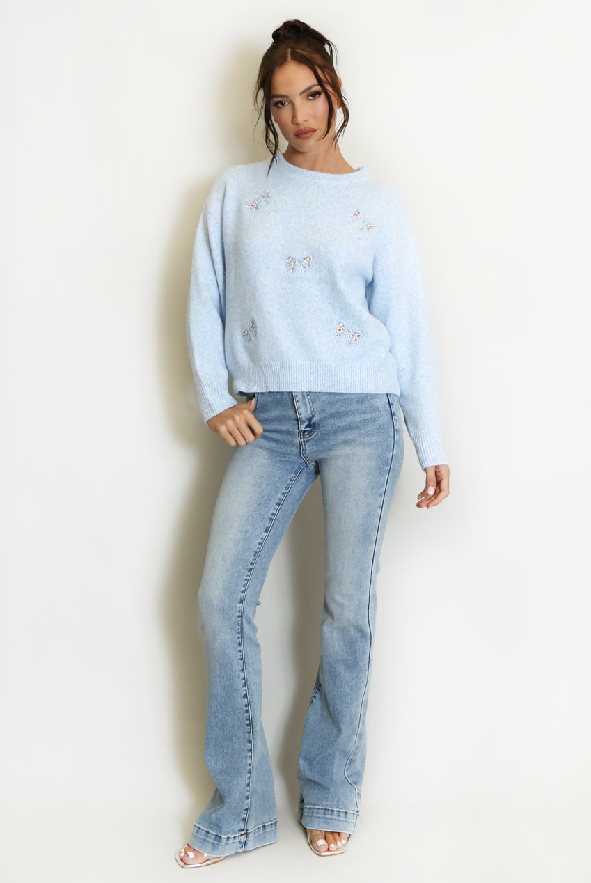 Blue Fluffy Knit Jumper With Bow Motif