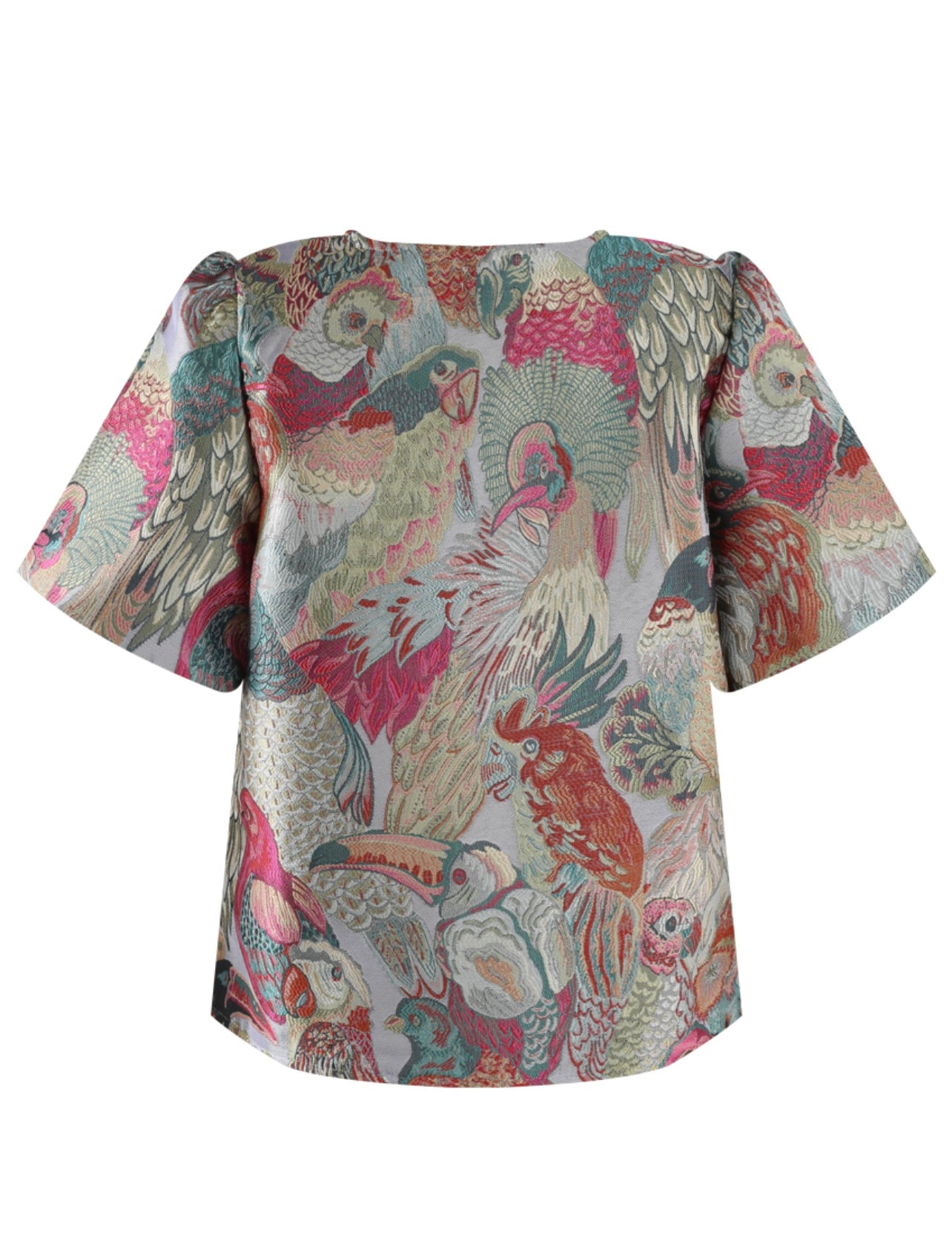 Pink Jacquard Bird Print Short Sleeve Top