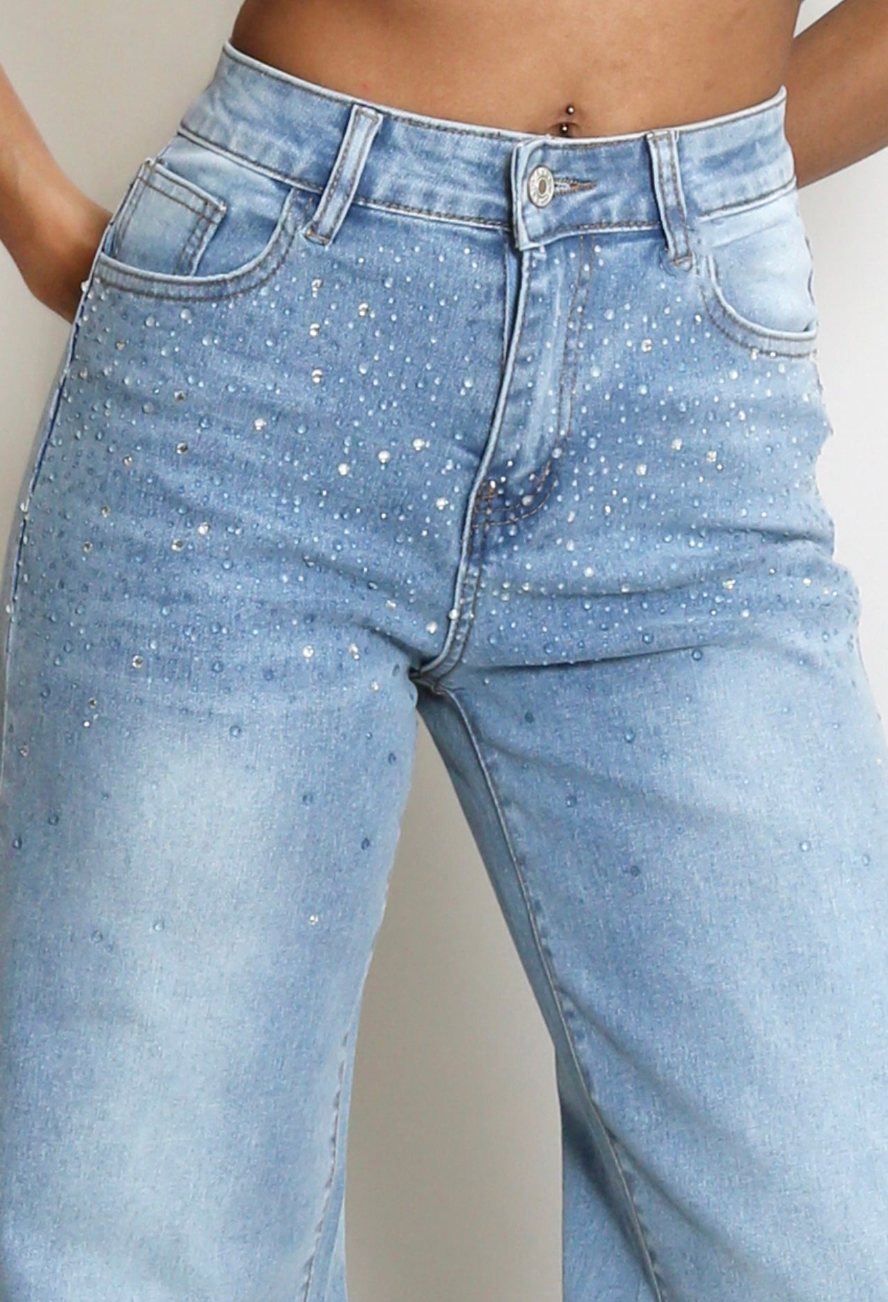 Studs Trim Wide Leg Denim Jeans