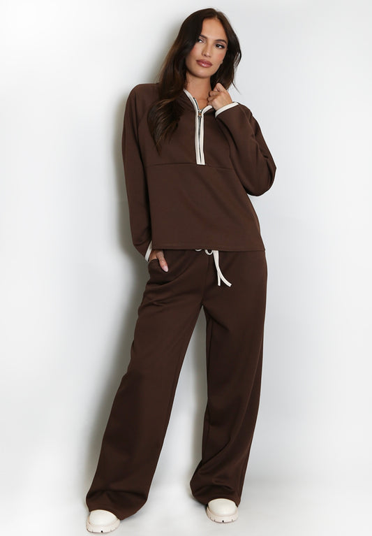 Brown Contrast Piping Hooded Sweatshirt And Jogger Set