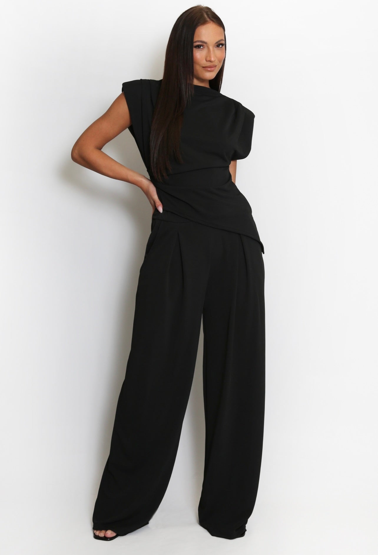 Black Asymmetric Hem Top And Wide Leg Trouser Co-Ord
