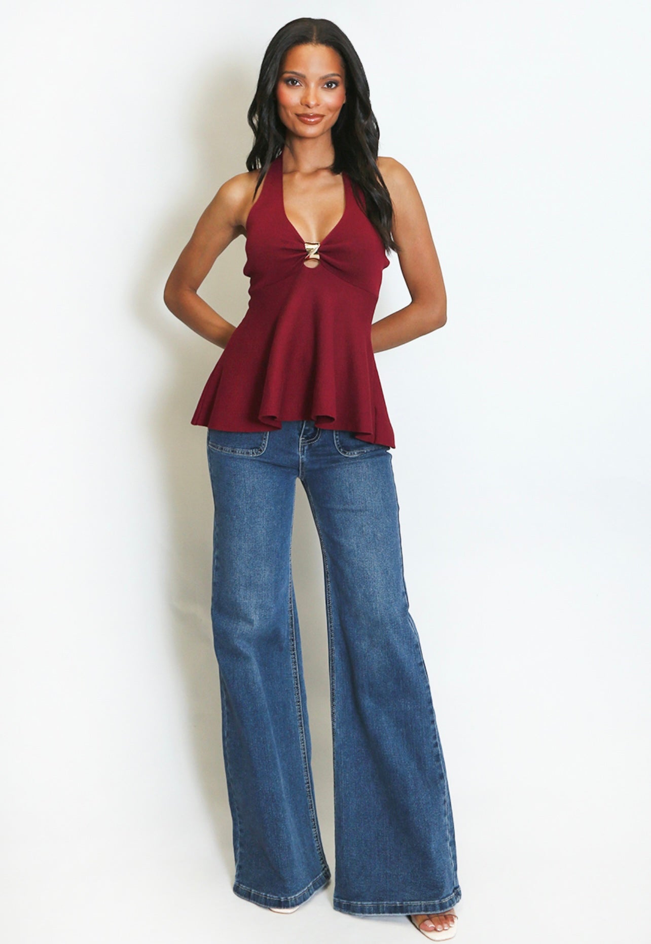 Wine Fine Knit Halter Neck Top
