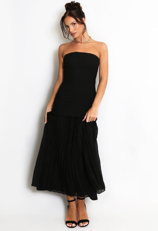 Black Chiffon Pleated Bandeau Maxi Dress