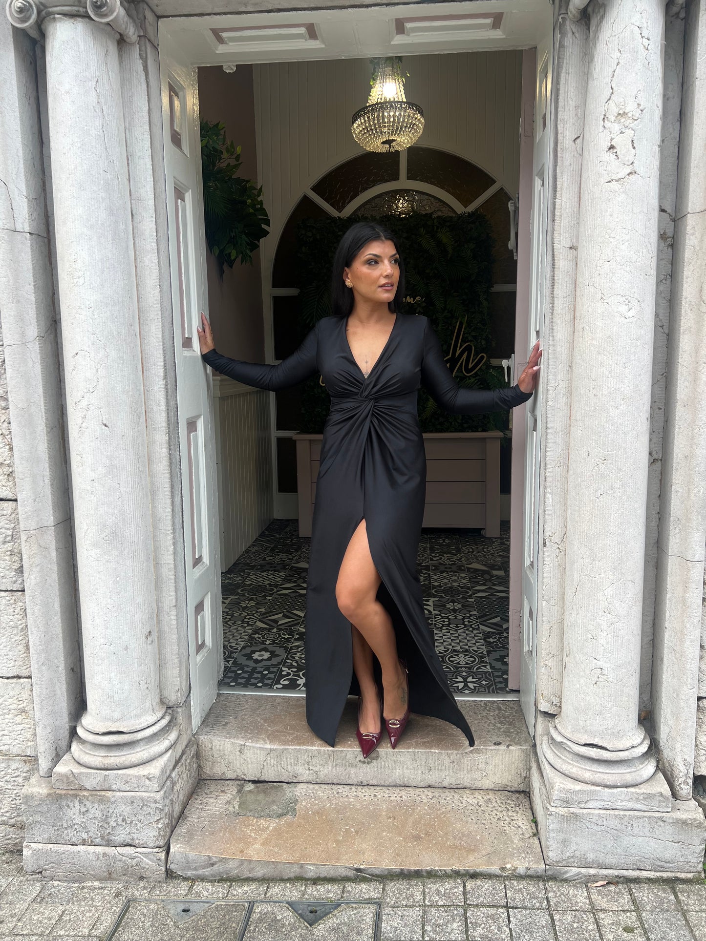 Black Satin V-Neck Satin Midi Dress