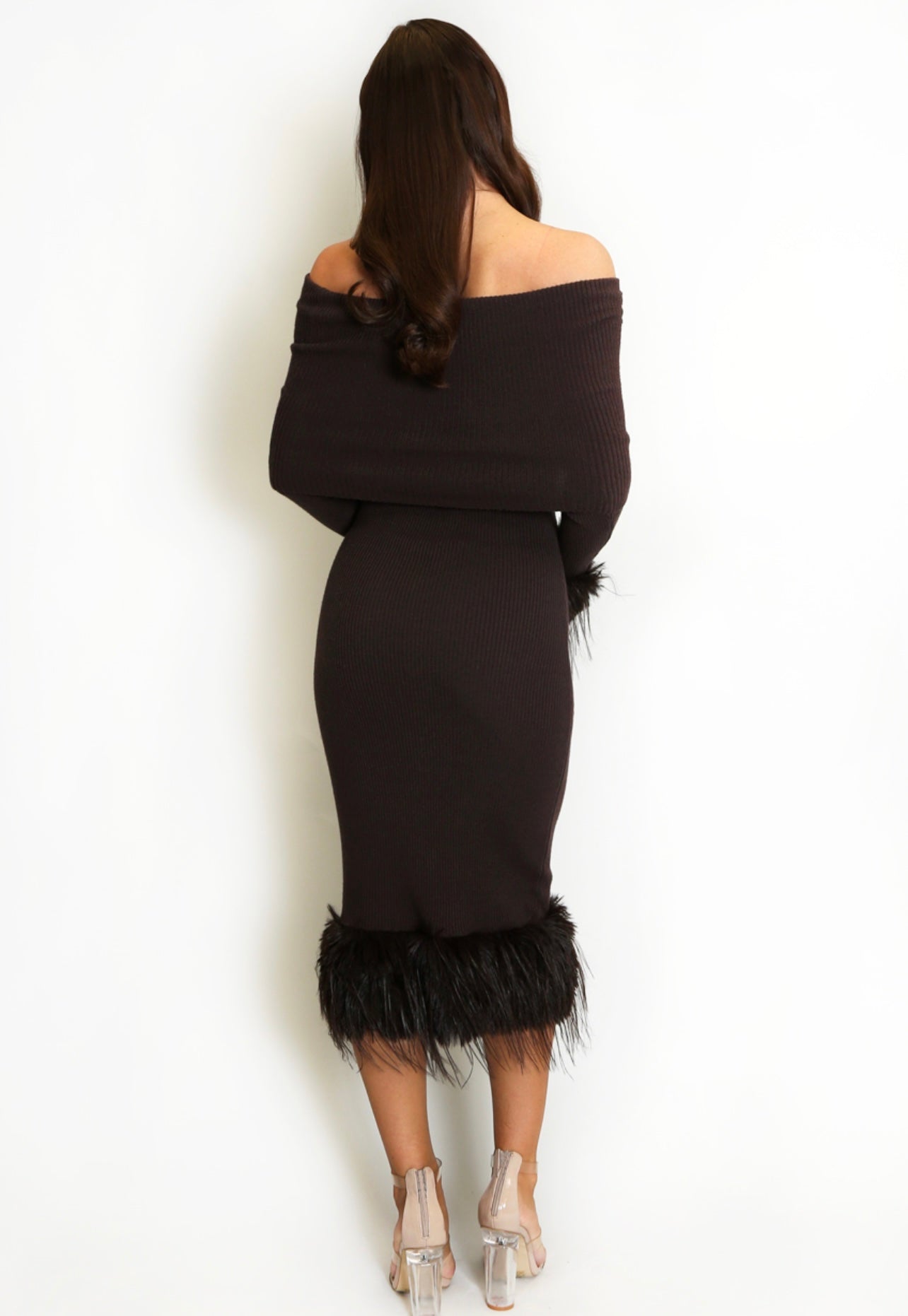Brown Fur Cuffs Bardot Dress