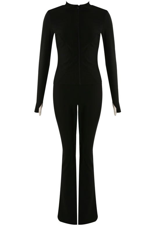 Black Zipped Gym Top And Flare Trouser Set