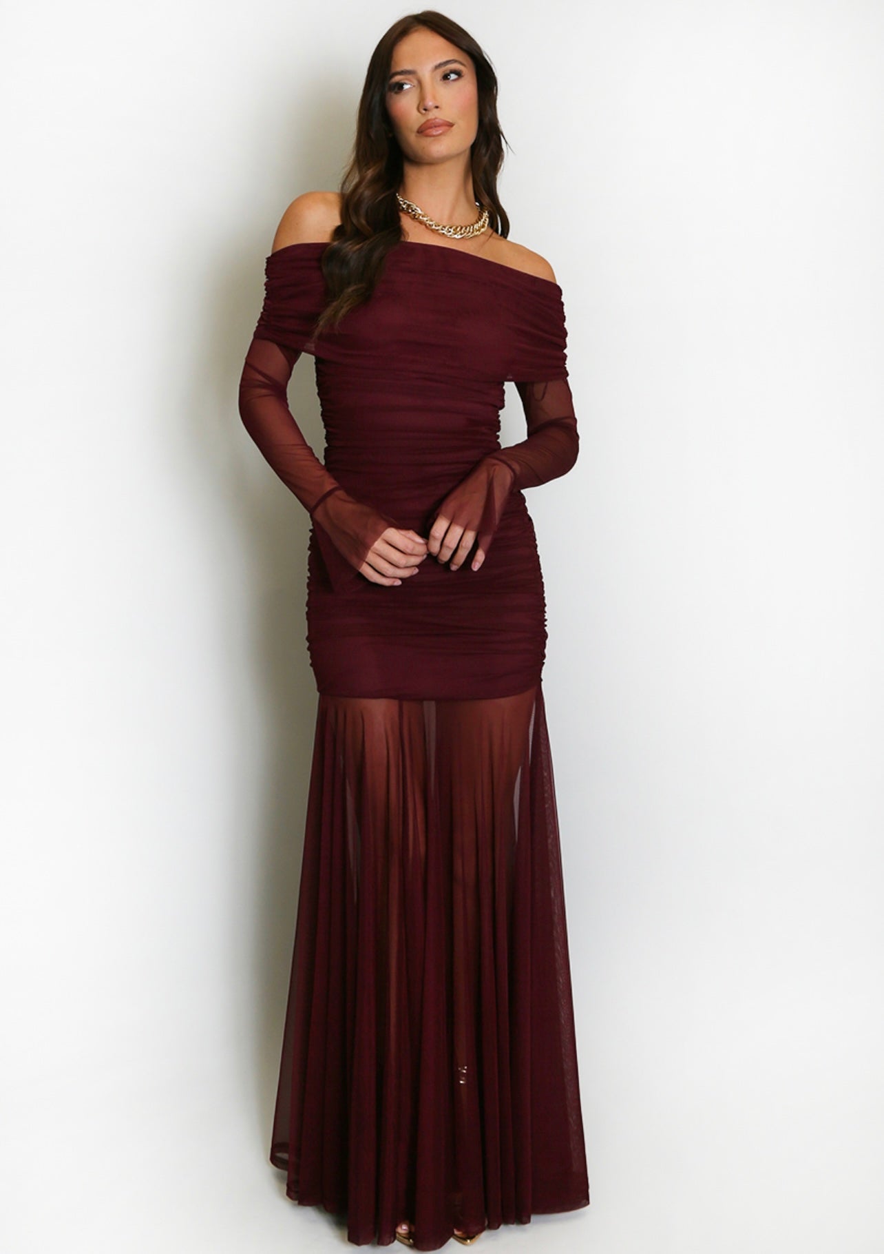 Wine Mesh Hem Bardot Maxi Dress