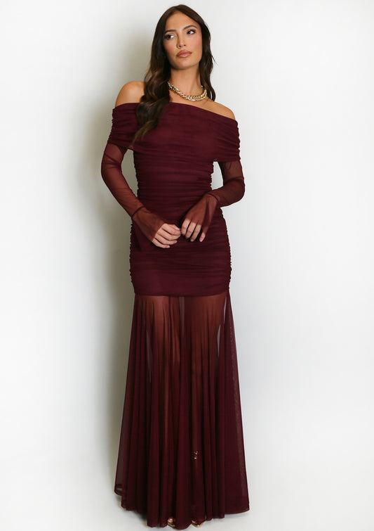 Wine Mesh Hem Bardot Maxi Dress