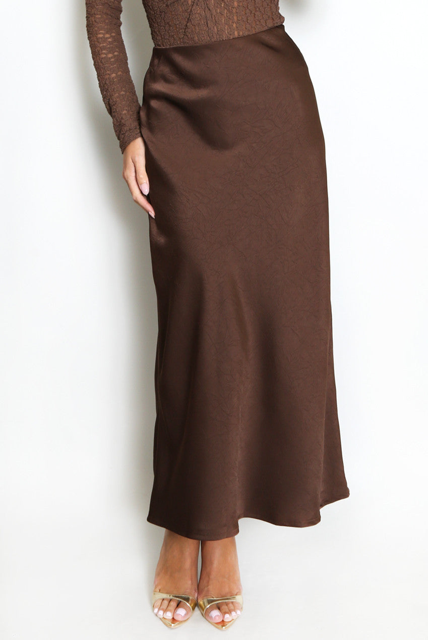 Brown Textured Satin Skirt