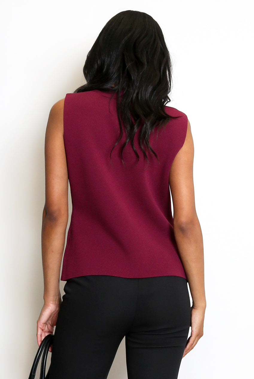 Wine Fine Knit One Button Asymmetric Waistcoat