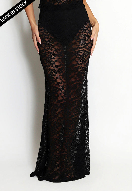 Black Sheer Floral Lace Maxi Skirt