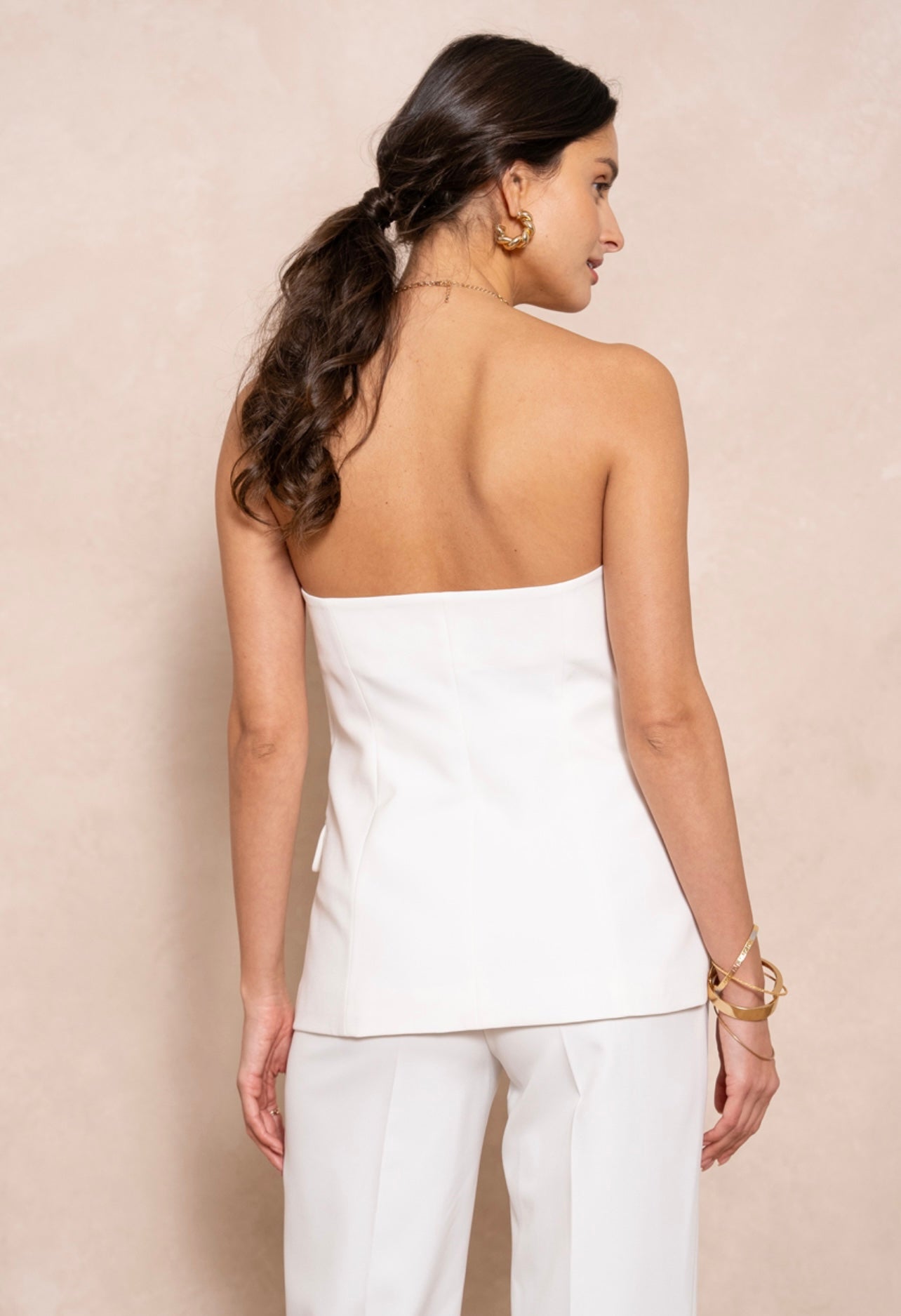White Tailored Button Front Bandeau Top