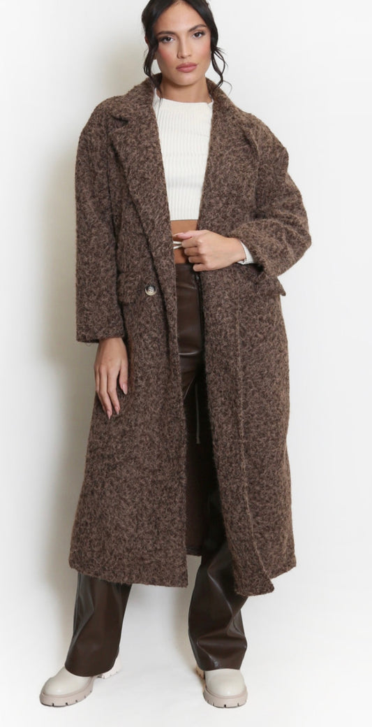 Brown Boucle Double Button Oversized Coat
