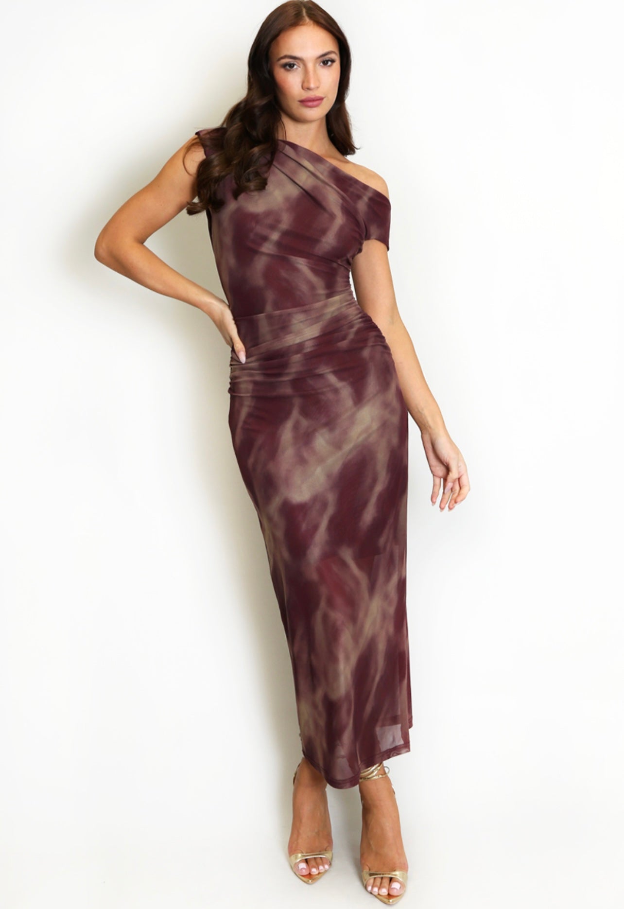 Burgundy Marble Print Asymmetric Shoulder Maxi Dress
