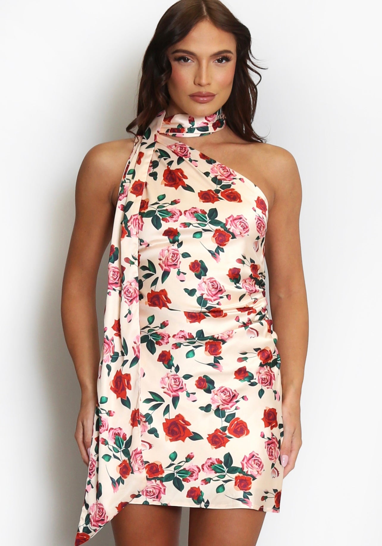 Cream Rose Print Satin Cami Mini Dress With Neck Tie