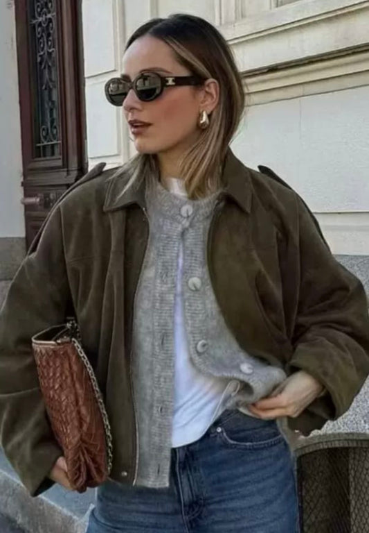 Khaki Oversized Faux Suede Jacket