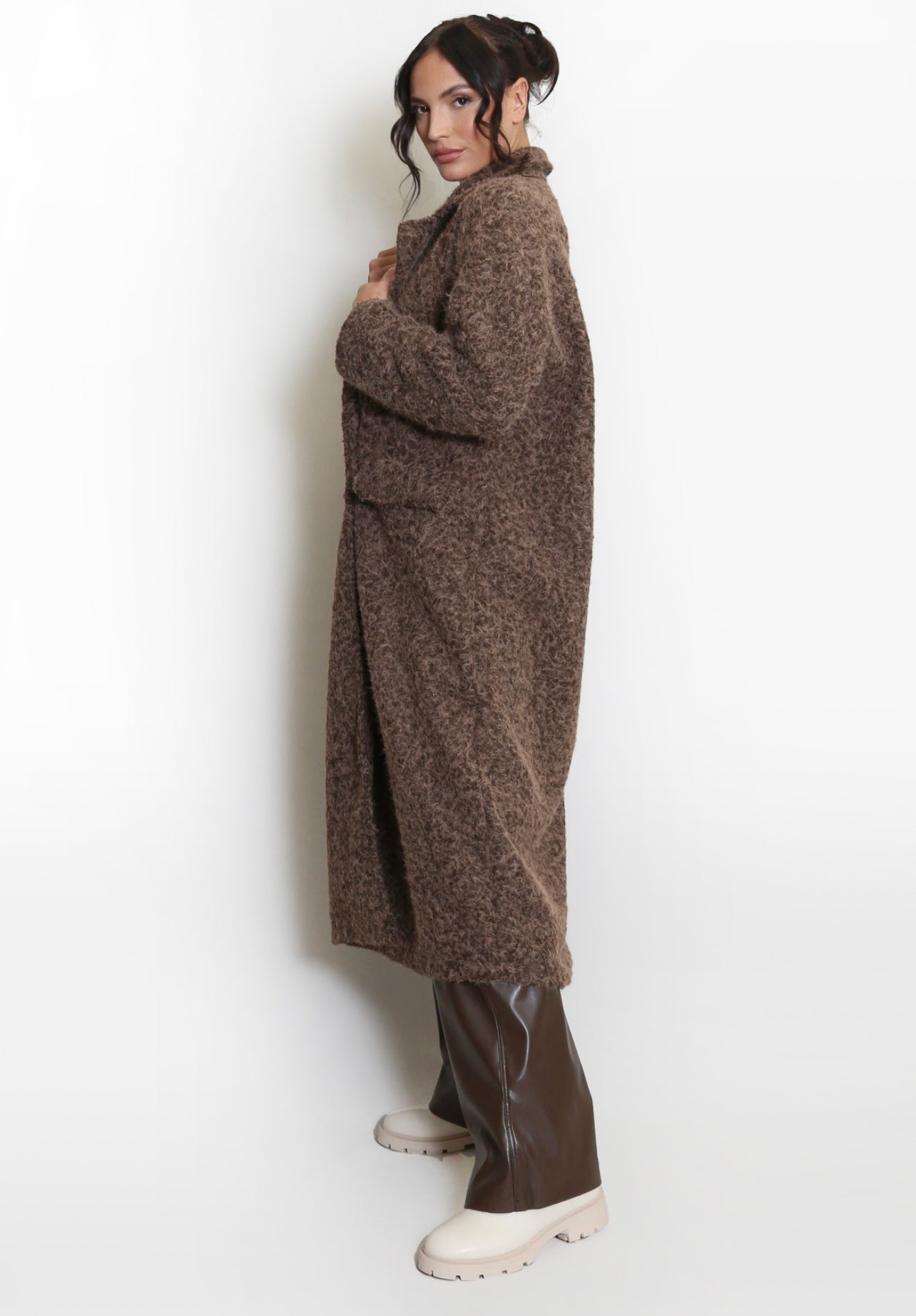Brown Boucle Double Button Oversized Coat