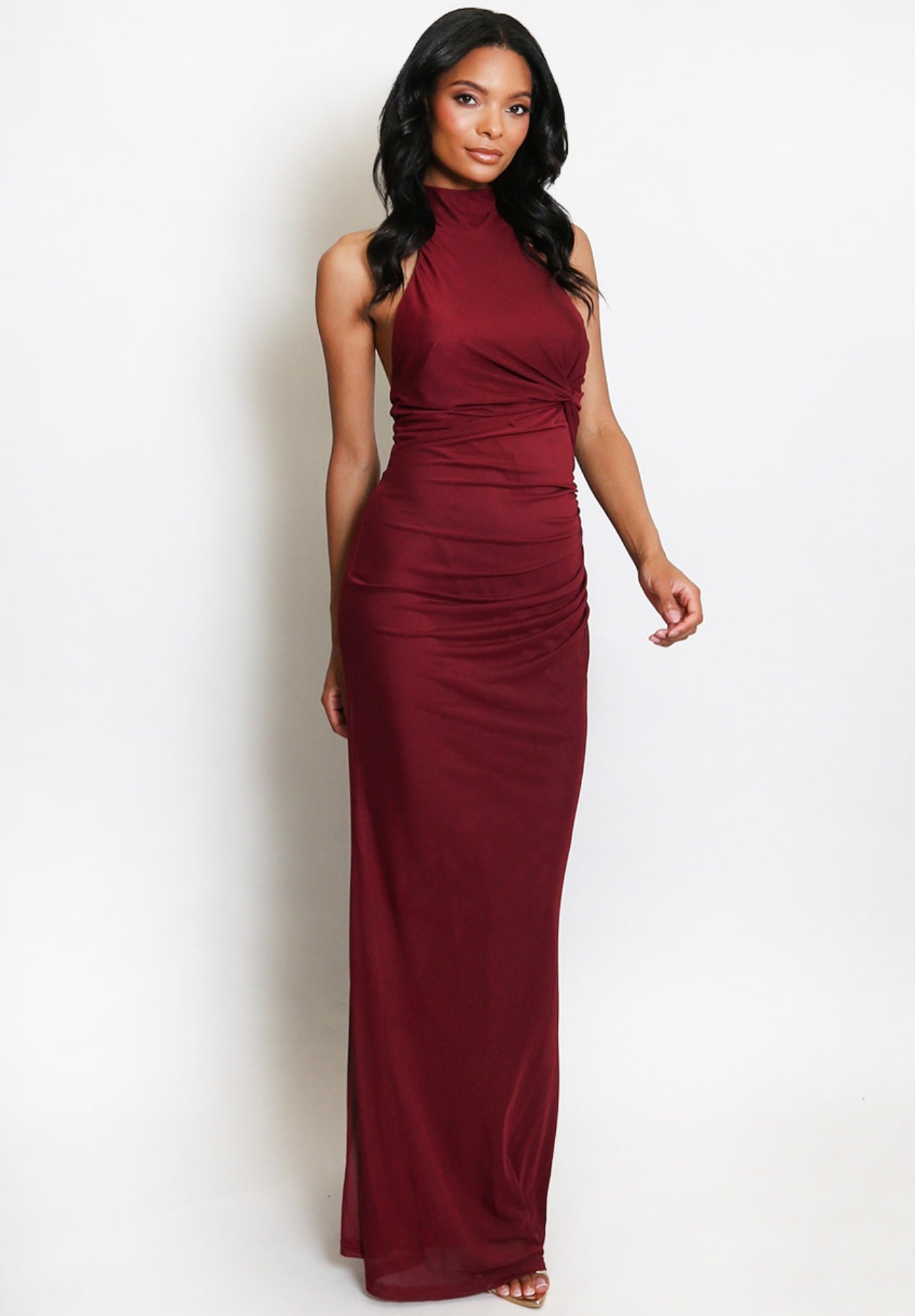 Wine Ruched Halter Neck Maxi Dress