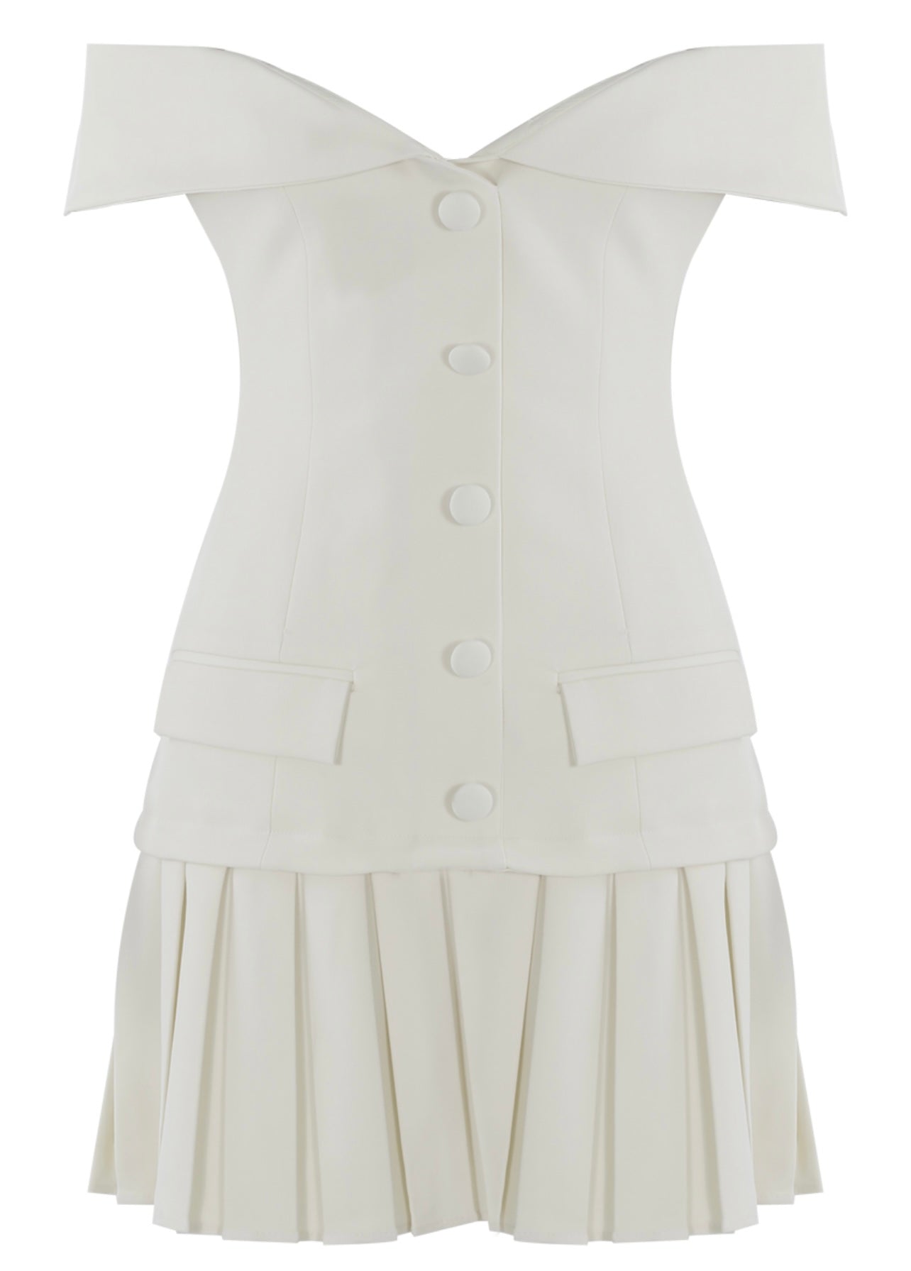 White Luxe Tailored Bardot Button Front Mini Dress