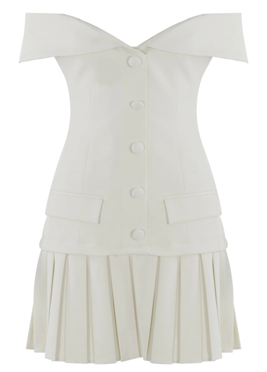 White Luxe Tailored Bardot Button Front Mini Dress