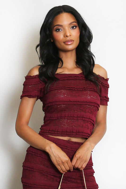 Wine Lace Panelled Bardot Top