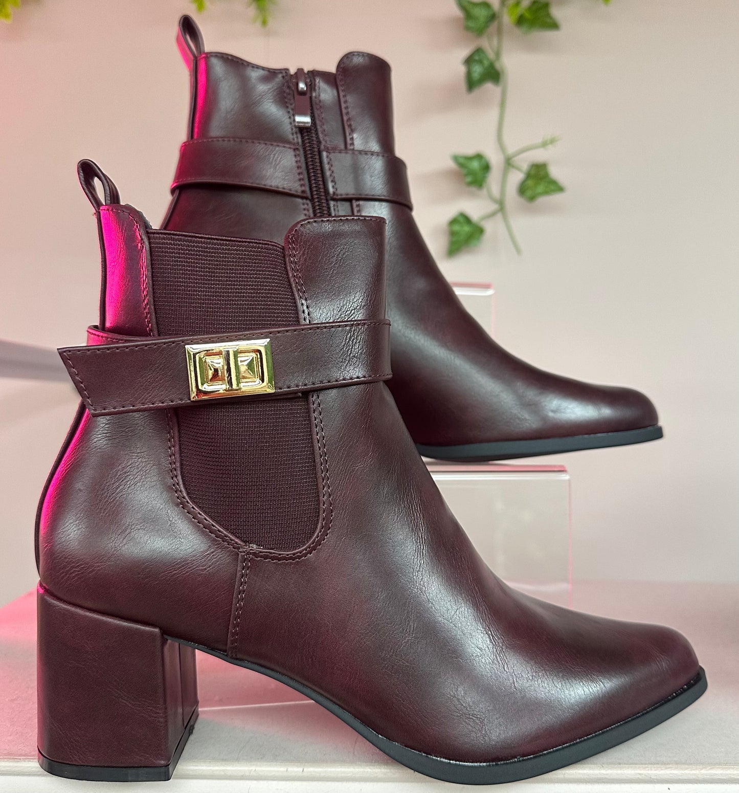 Buckle Detail Wine Block Heel Ankle Boots