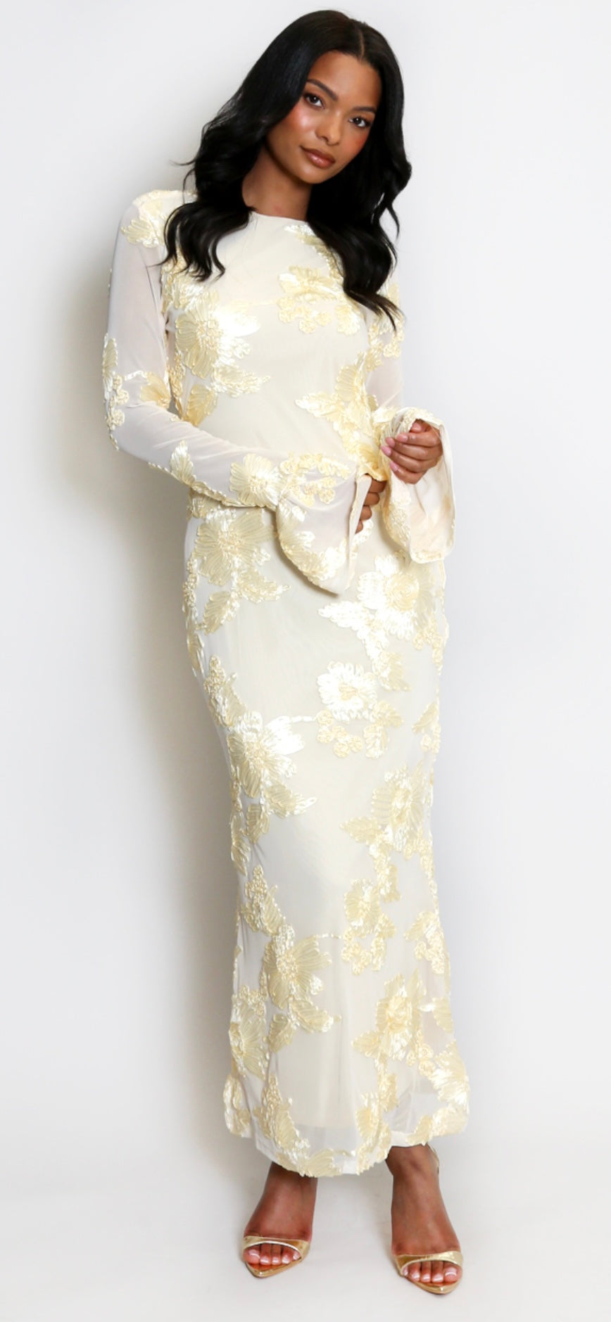 Lemon Floral Lace Lined Flute Cuffs Midi Dress